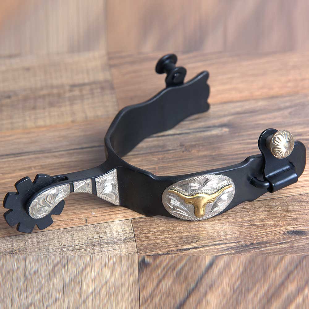Hilason Western Mens Black Steel Steer Head Gs Trim Horse Riding Spurs Pair