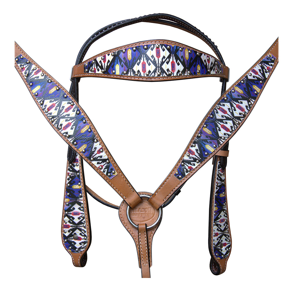 HILASON Western Horse Leather Headstall & Breast Collar Tack Set Aztec