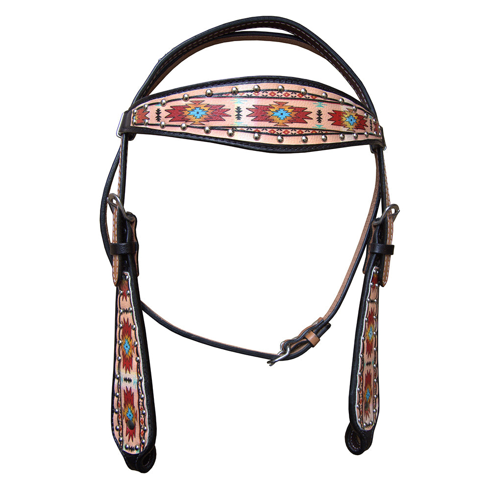 Hilason Horse Leather Bridle Headstall Breast Collar Black Aztec Painted