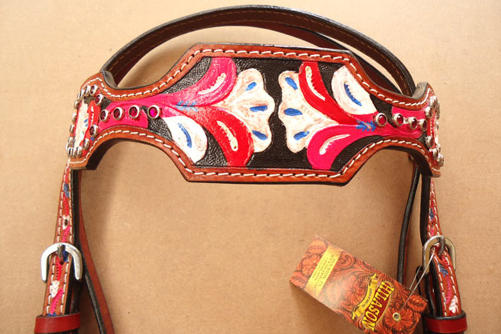 Western Horse Headstall Tack Bridle American Leather Red Pink Hilason