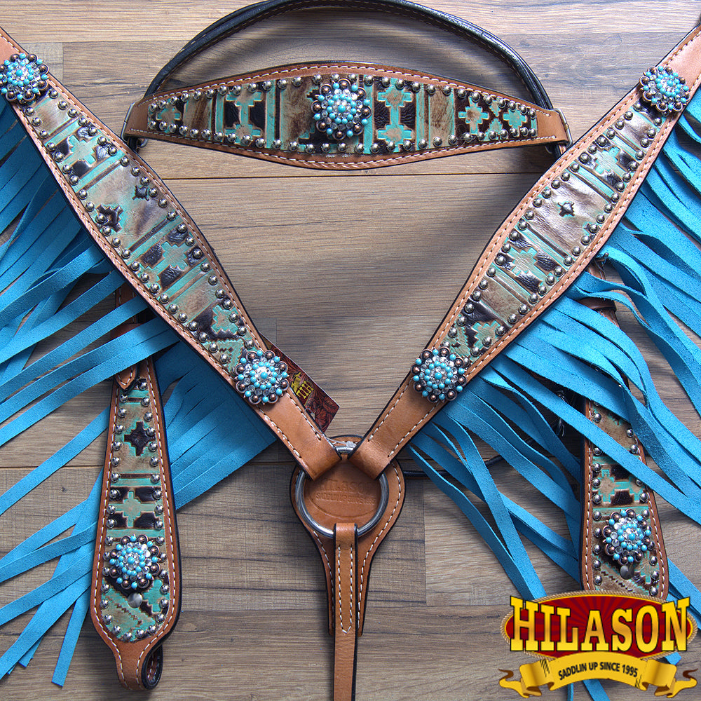 Horse Western Headstall Breast Collar Set Leather Aztec Fringes Hilason