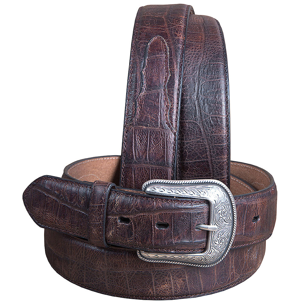 Mens M&F Western Distressed Brown Croc Print Leather Belt Engraved Silver Buckle