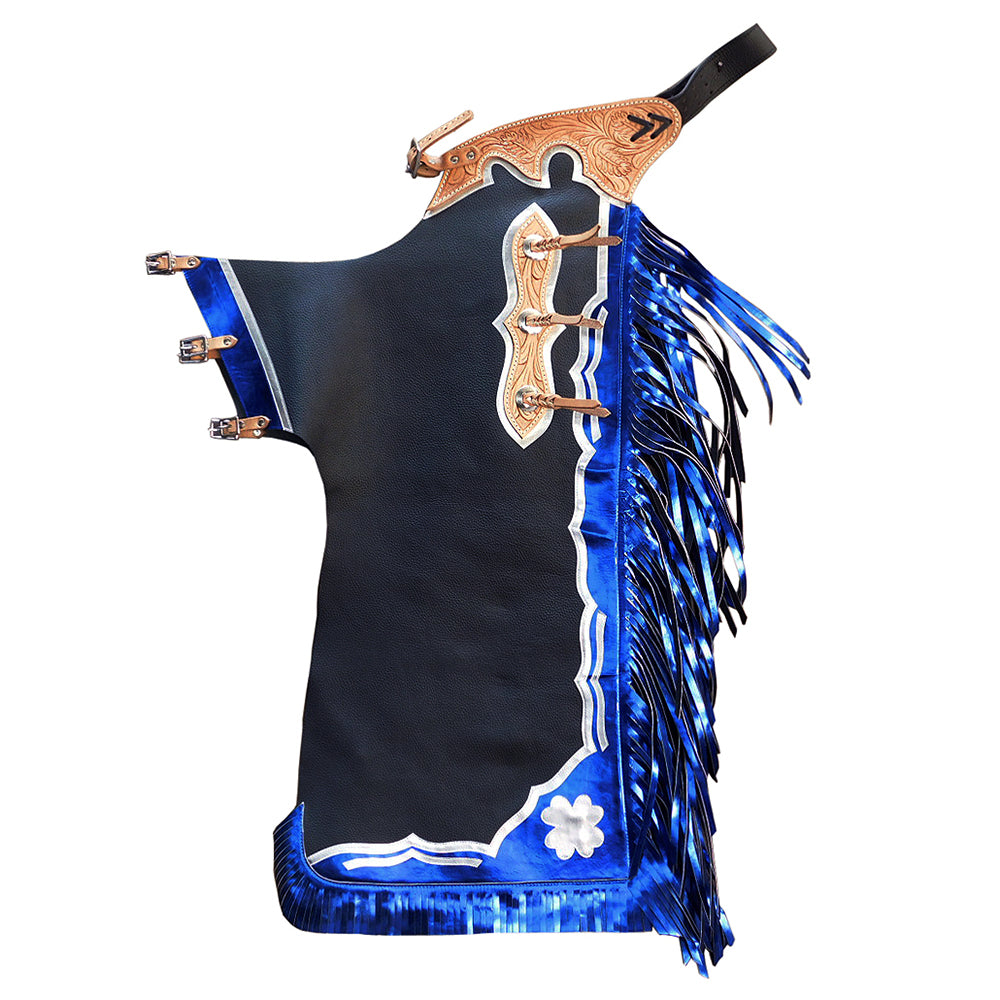 HILASON Pro Rodeo Bull Riding Chaps Smooth Leather Black With Blue Fringes | for Men and Women Western Unisex
