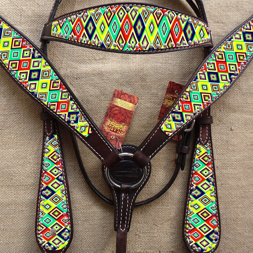 Hilason Western Horse Headstall Breast Collar Set American Leather Aztec