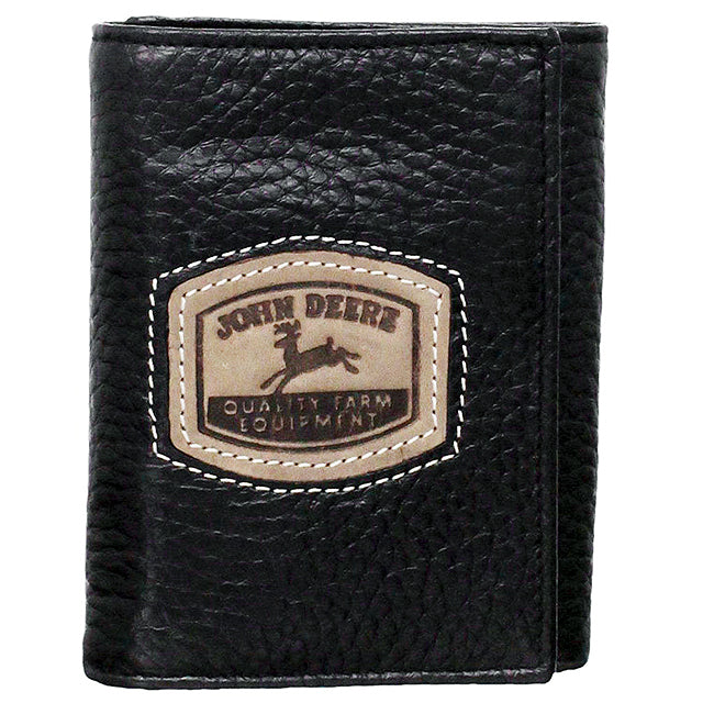 John Deere Pebble Leather Tri Fold Wallet W/ Historical Embossed Logo Black