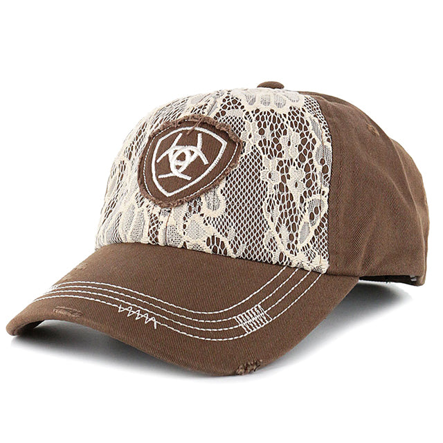 Ariat Womens Adjustable Logo & Lace Overlay Cotton Baseball Cap Brown