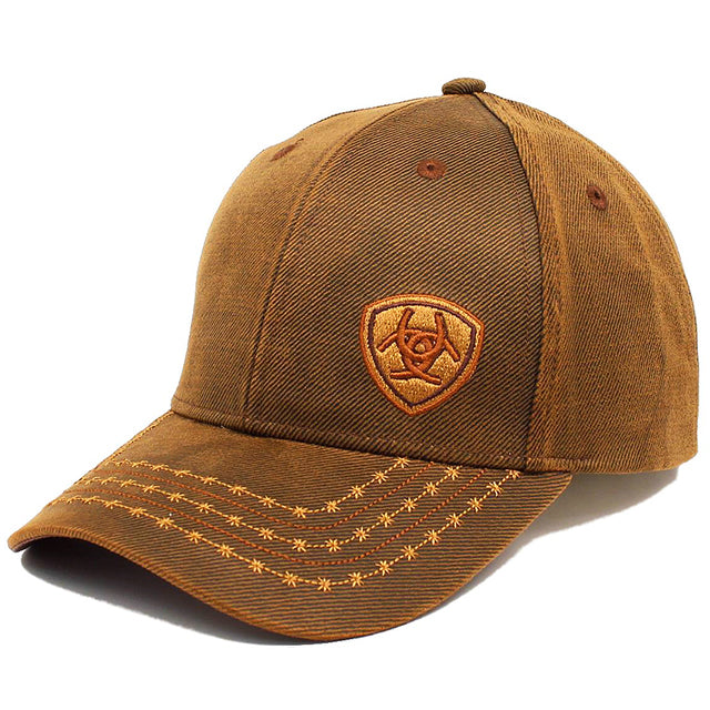 Ariat Mens Adjustable Barbb Wire Baseball Cap W/ Oilskin Offset Logo Brown