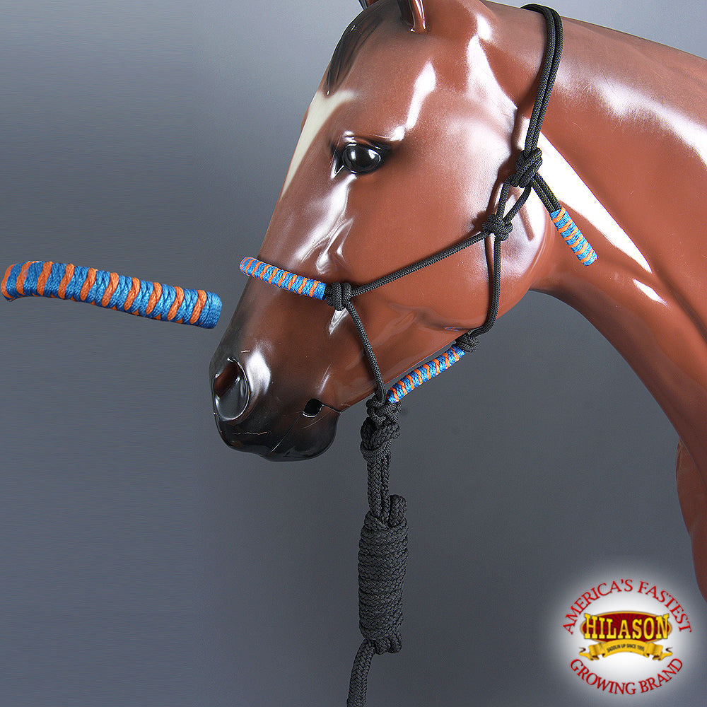 Hilason Horse Poly Rope Tied Adjustable Halter 8 Ft Lead Black Orange Blue