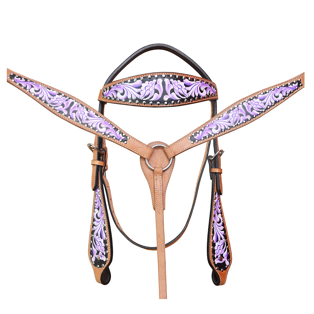 HILASON Western Horse Genuine Leather Headstall Breast Collar Floral Printed Tan