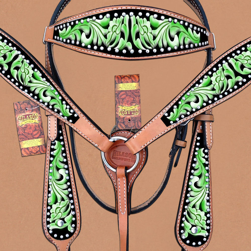 HILASON Western Horse Headstall Breast Collar Set American Leather Green | Tack for Horses