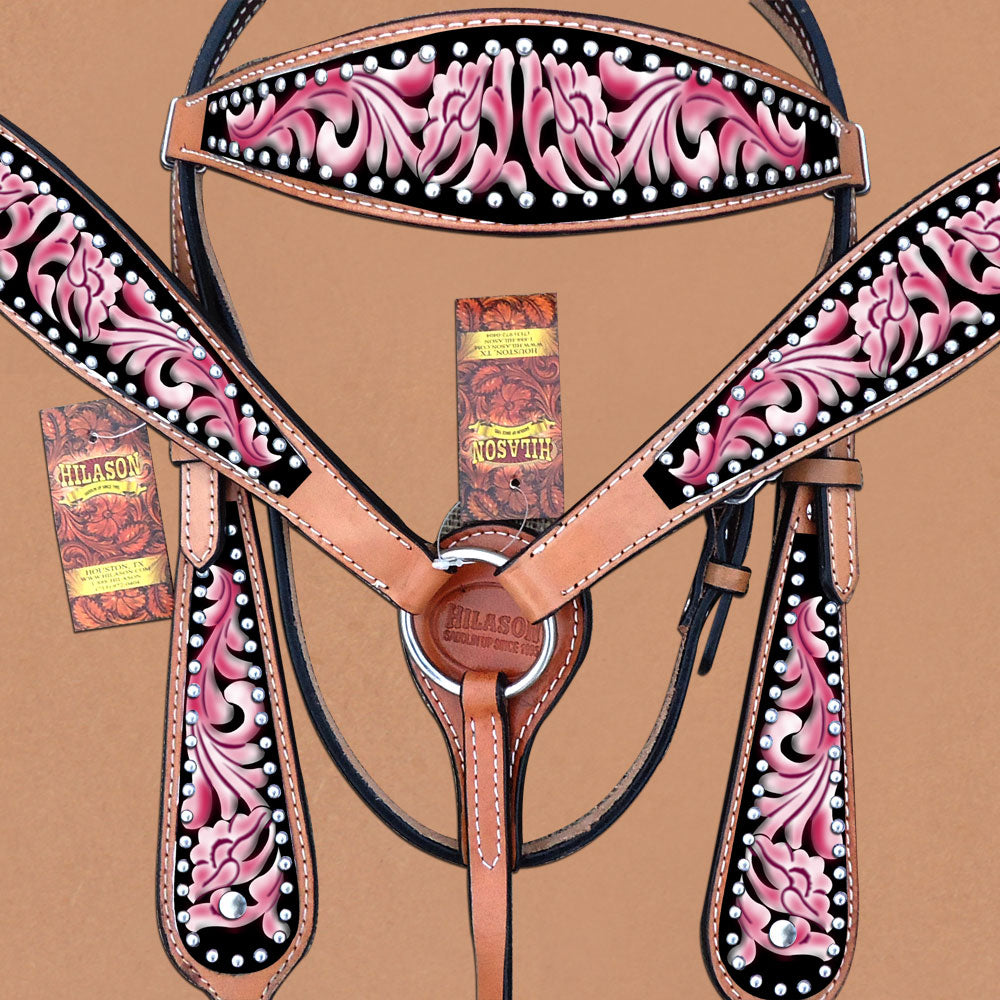 HILASON Western Horse Headstall Breast Collar Set American Leather Pink | Tack for Horses