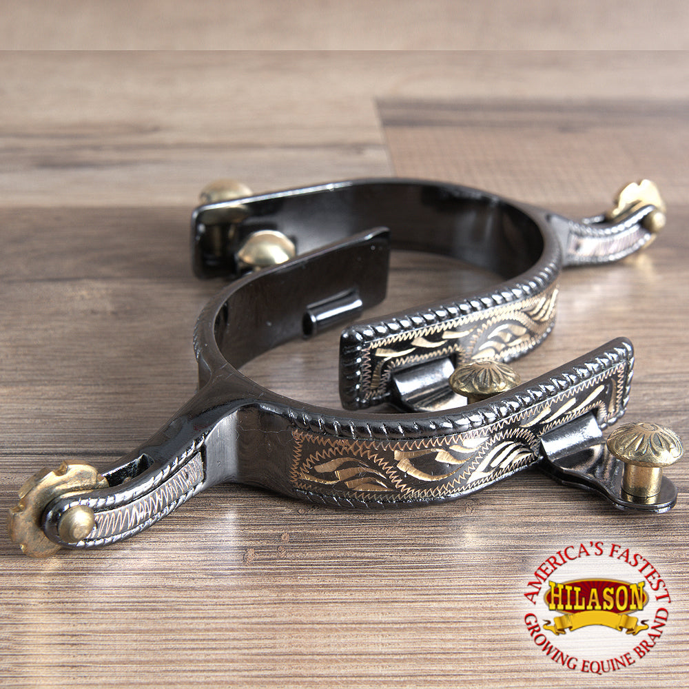 Midnight Silver Engraved Band Ladies Spurs W/ And Rosebud Rowel