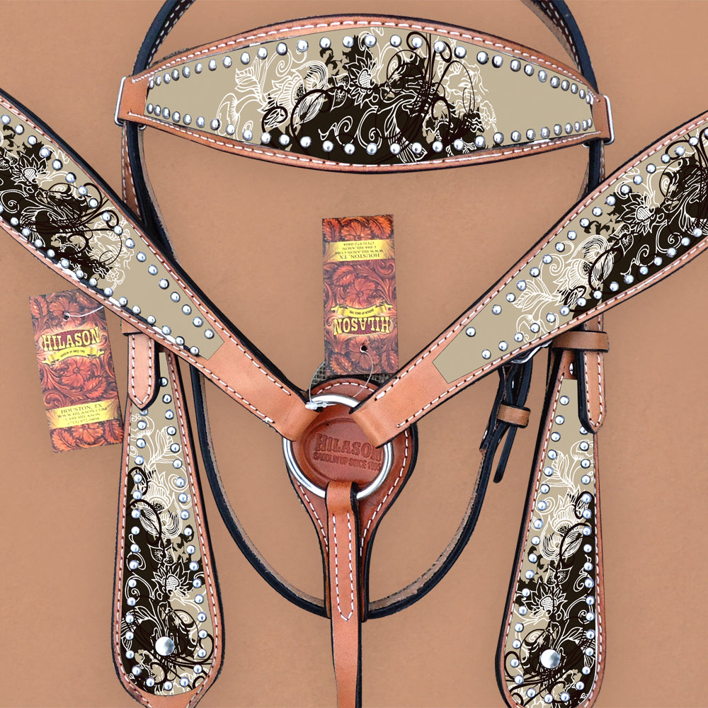 HILASON Western Horse Floral Headstall Breast Collar Set American Leather | Tack for Horses