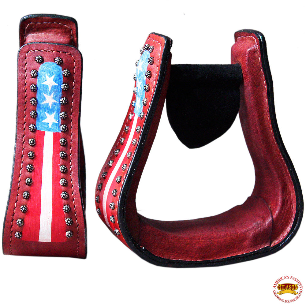 HILASON Horse Western Saddle Stirrup Us Flag Leather Stirrups Pair | Hand-Painted Wooden Core