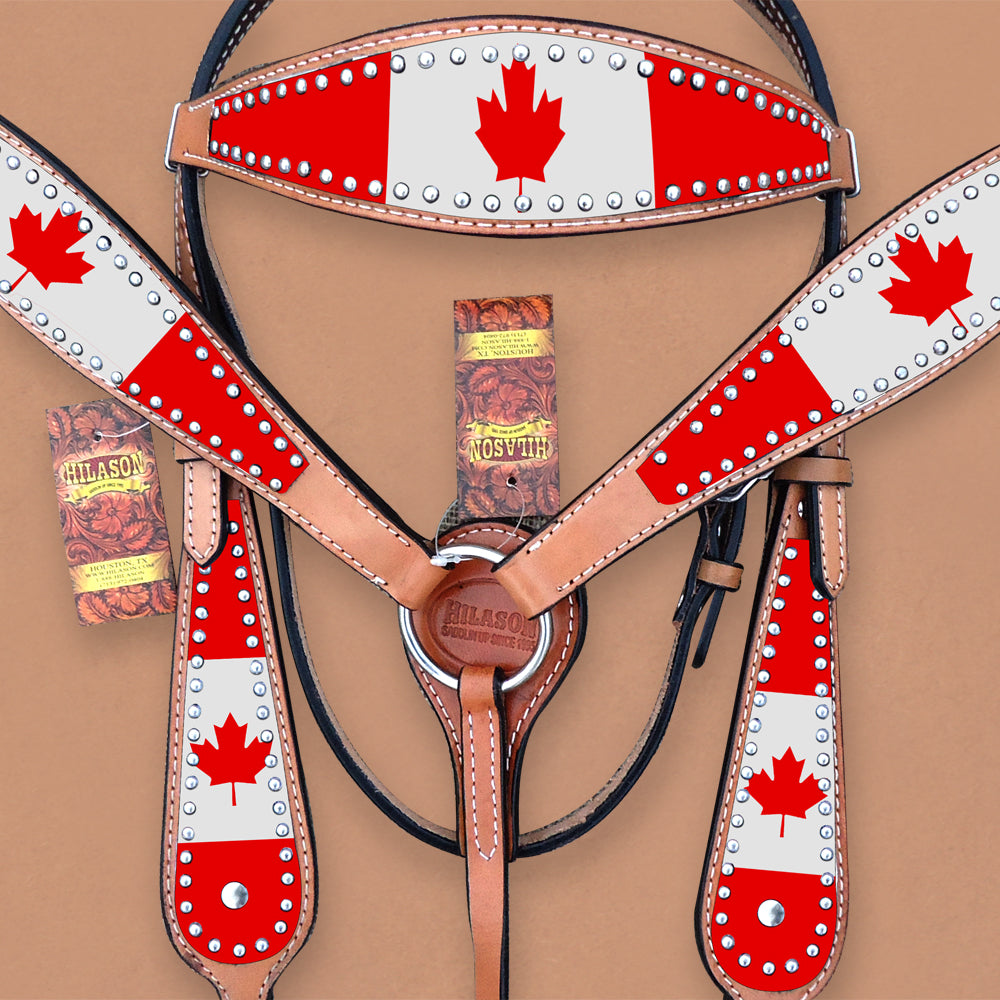 Hilason Western Horse Headstall & Breast Collar American Leather Canadian Flag