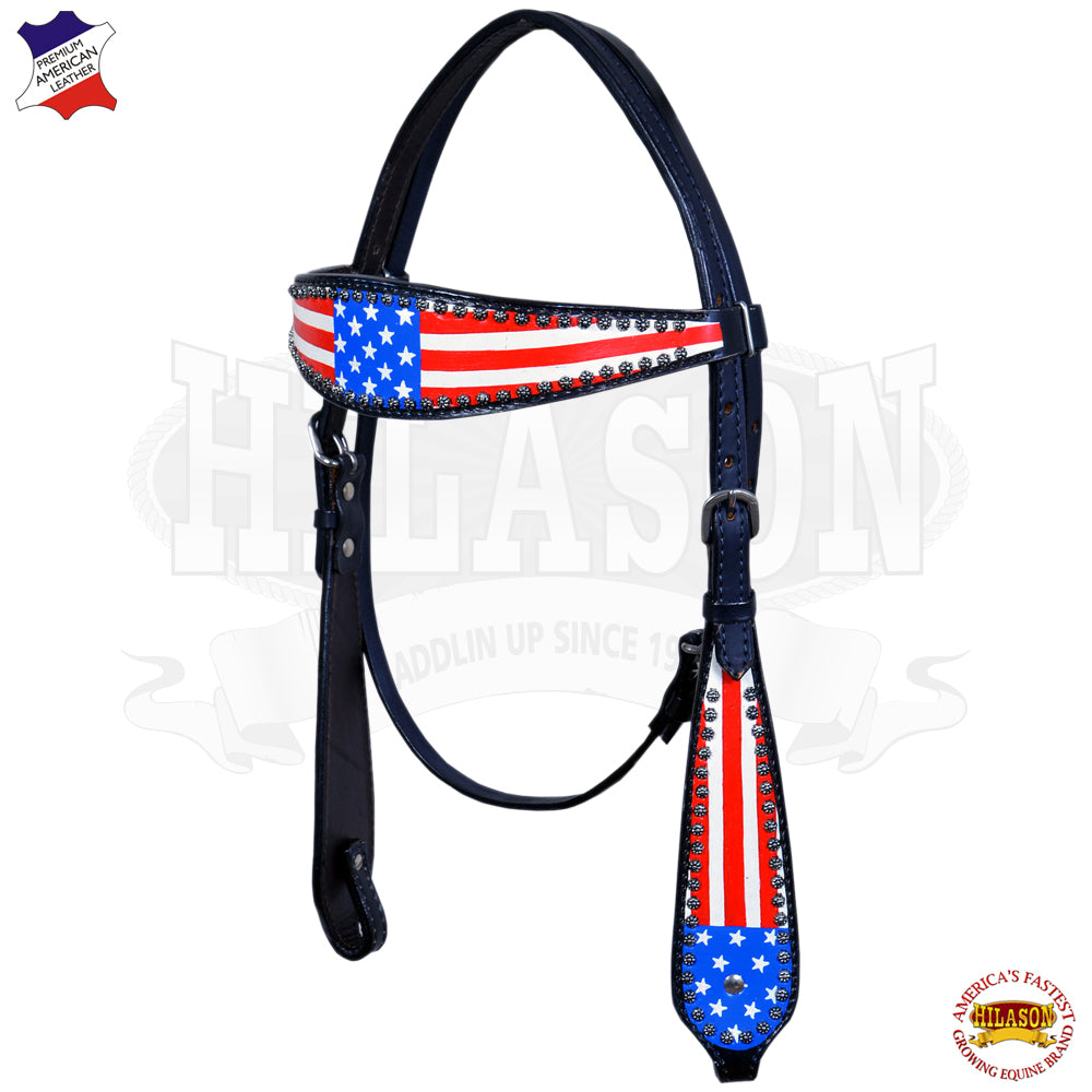 HILASON Western Headstall Horse Tack Leather Bridle Hand Paint Us Flag | for Horses Headstalls