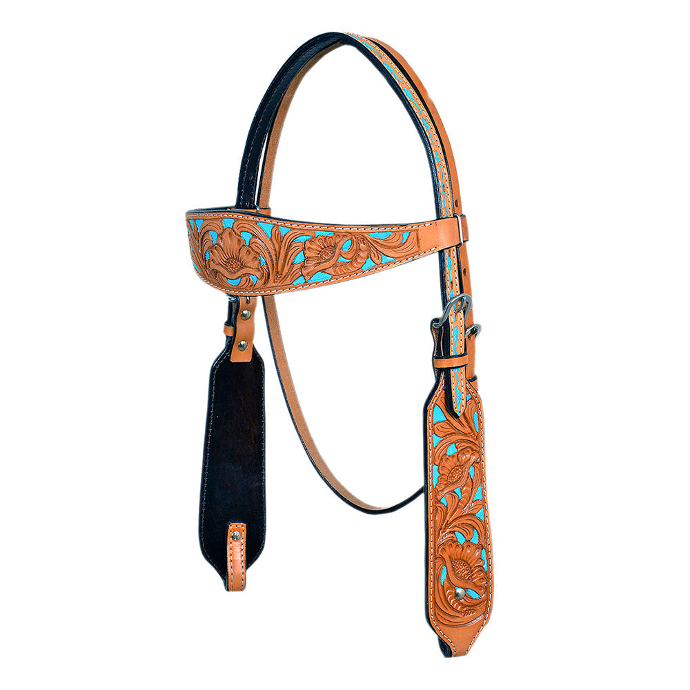 HILASON Western Horse Genuine Leather Headstall Tan & Sky Blue Inlay