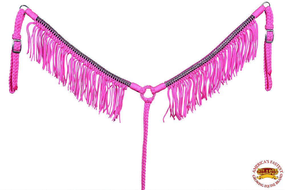 Black Horse Breast Collar Flat Braided Paracord Crystal Fringes Hilason