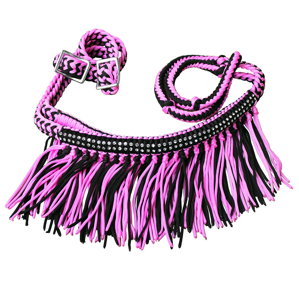 HILASON Braided Barrel Horse Racing Reins 1” x 8ft Crystal Center Band Fringes