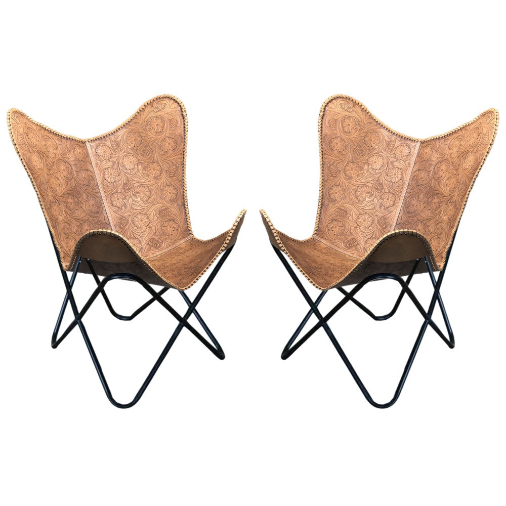 Genuine Leather Handcarved Butterfly Chair Folding Lounge Sling Seat Pair