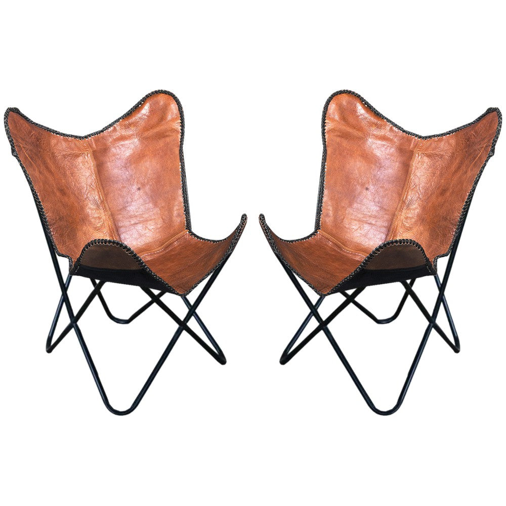 HILASON Genuine Leather Butterfly Chair Folding Lounge Modern Sling Accent Seat