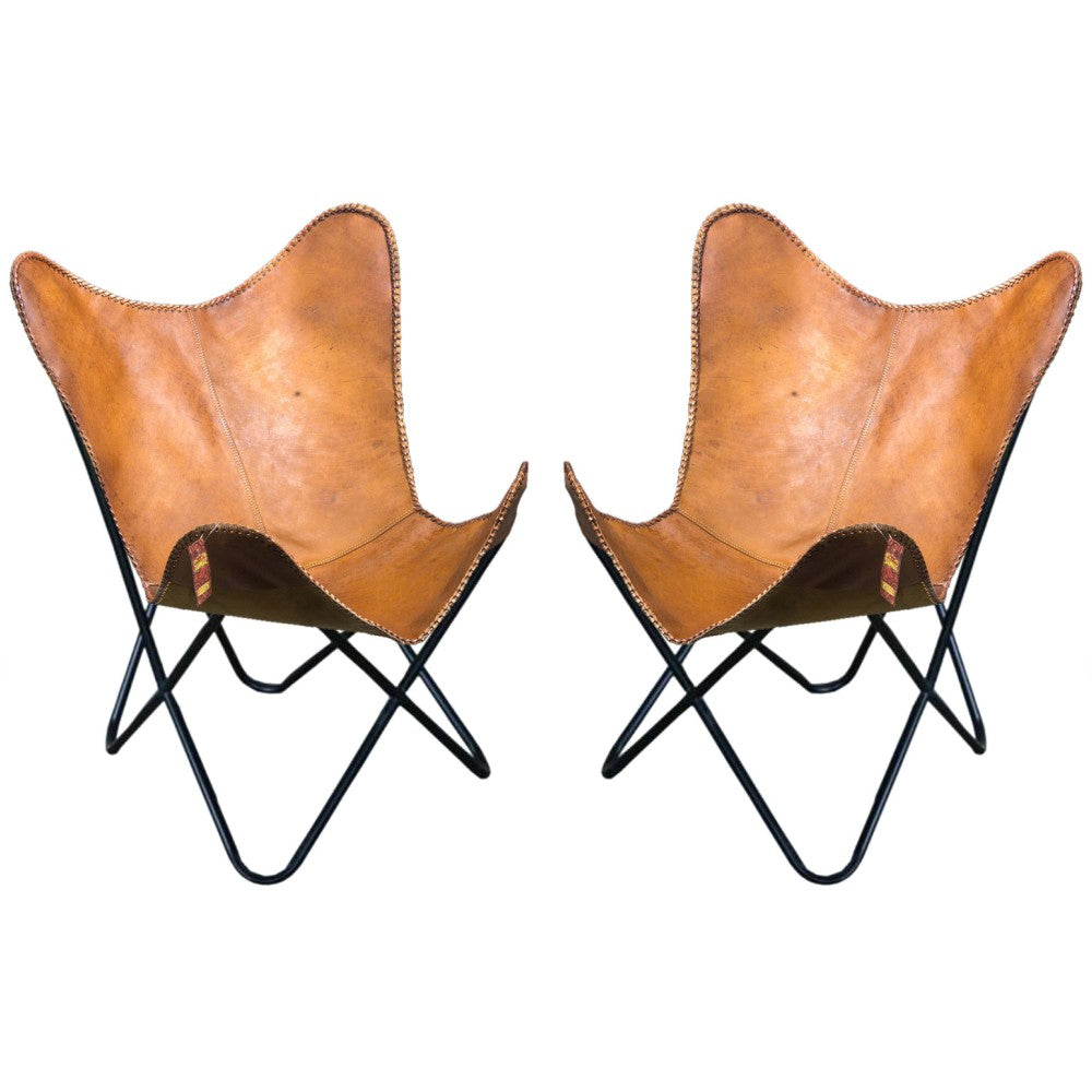 Pair Genuine Leather Butterfly Chair Folding Modern Sling Accent Seat