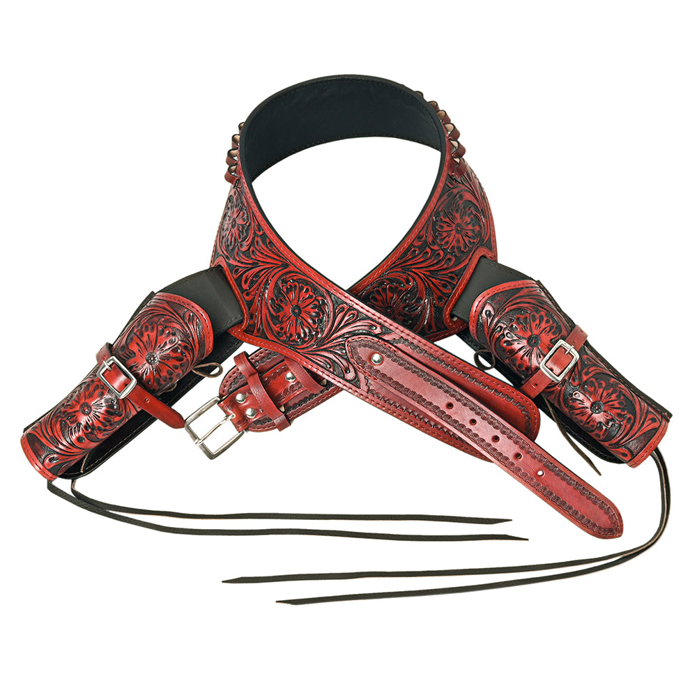 HILASON Double Caliber 44/45 Leather Cowboy Gun Rig Holster Mahogany | Costume Belt