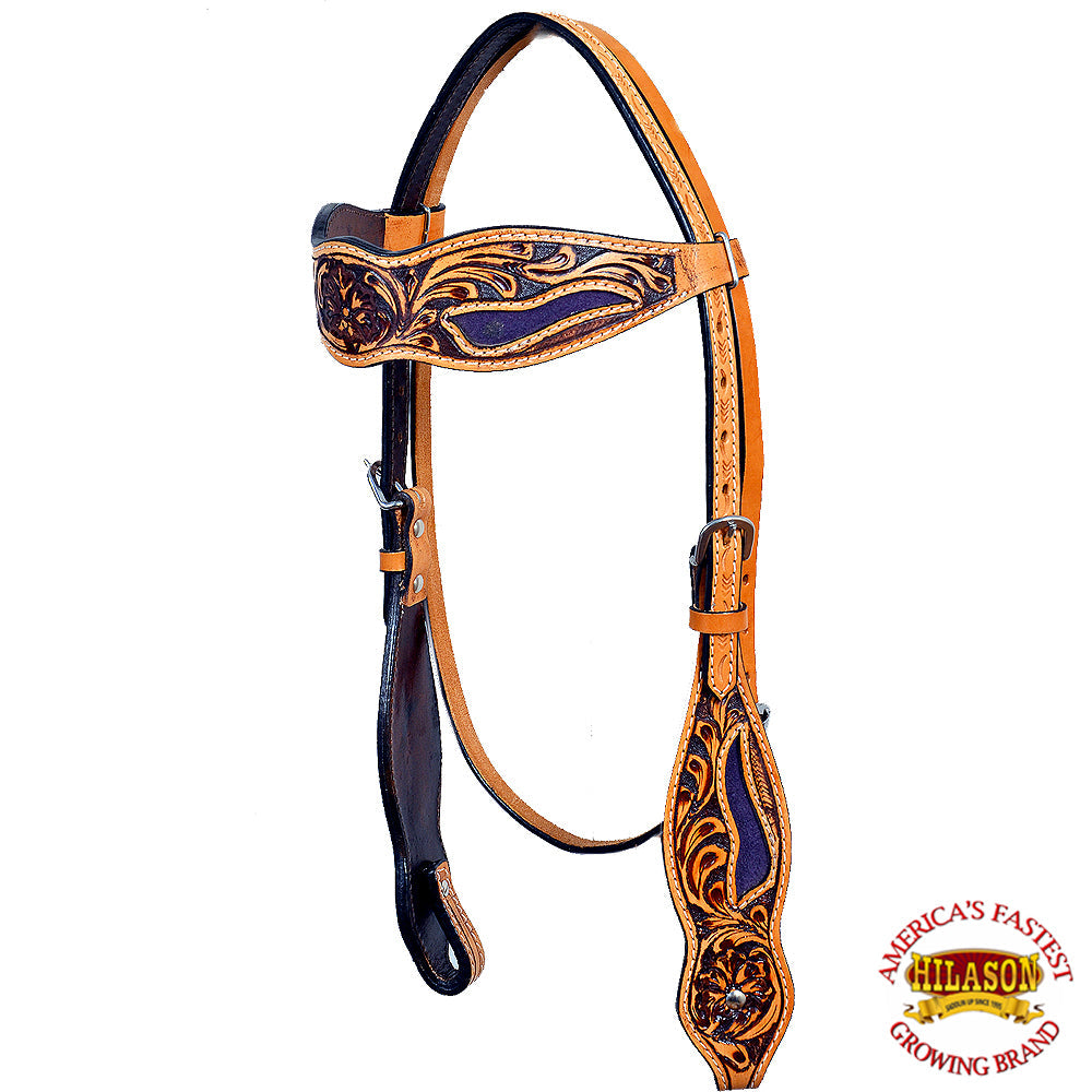 Hilason Western Horse Headstall Bridle American Leather Floral Tan Purple