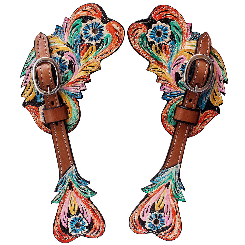 Hilason Western Spur Straps Leather Light Oil W/ Hand Paint Inlay