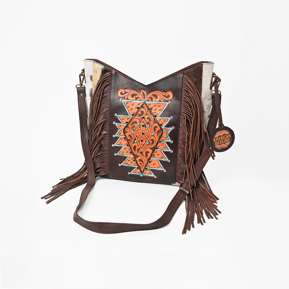 American Darling Women’s Hand-Tooled Hair-On Cowhide Western Leather Fringe Crossbody Bag 14in (H) X 12in (W) X 3in (D)