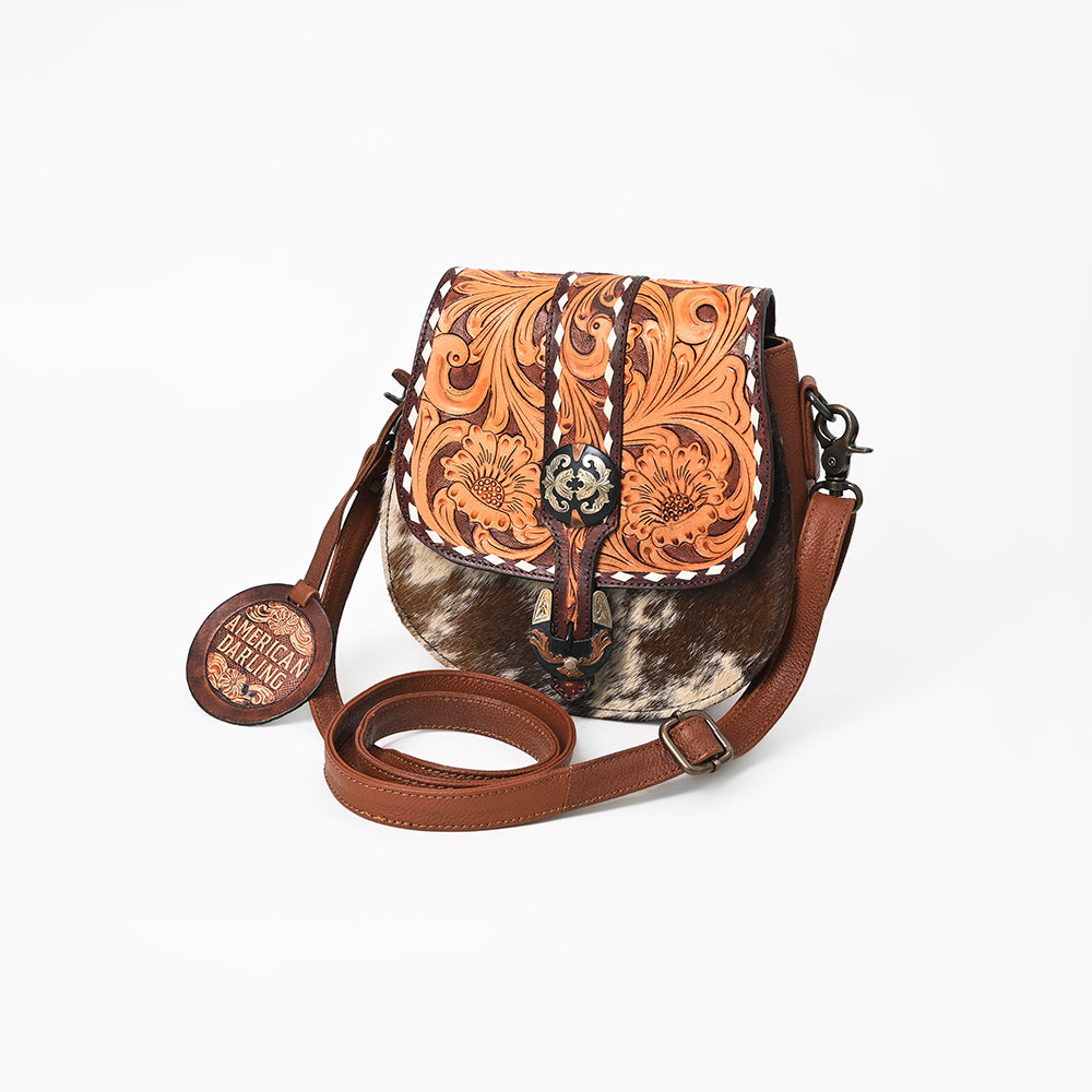 American Darling Hair-on and Hand-Tooled Genuine Leather Western Crossbody Bag with Adjustable Strap 7in (H) X 8in (W) X 3in (D)