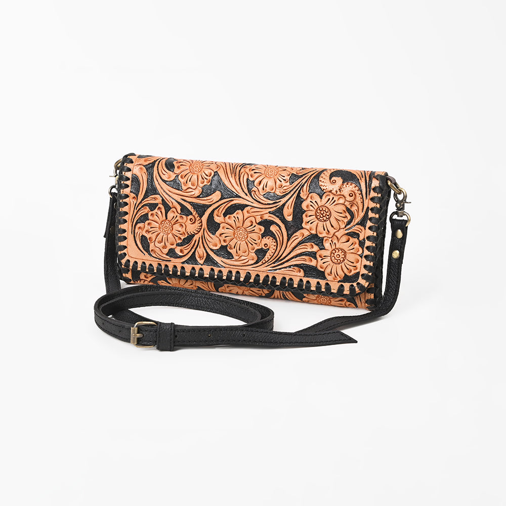 American Darling Western Crossbody Wallet Handcrafted from Tooled Genuine Leather | Floral Carved Flap & Braided Edge Detail