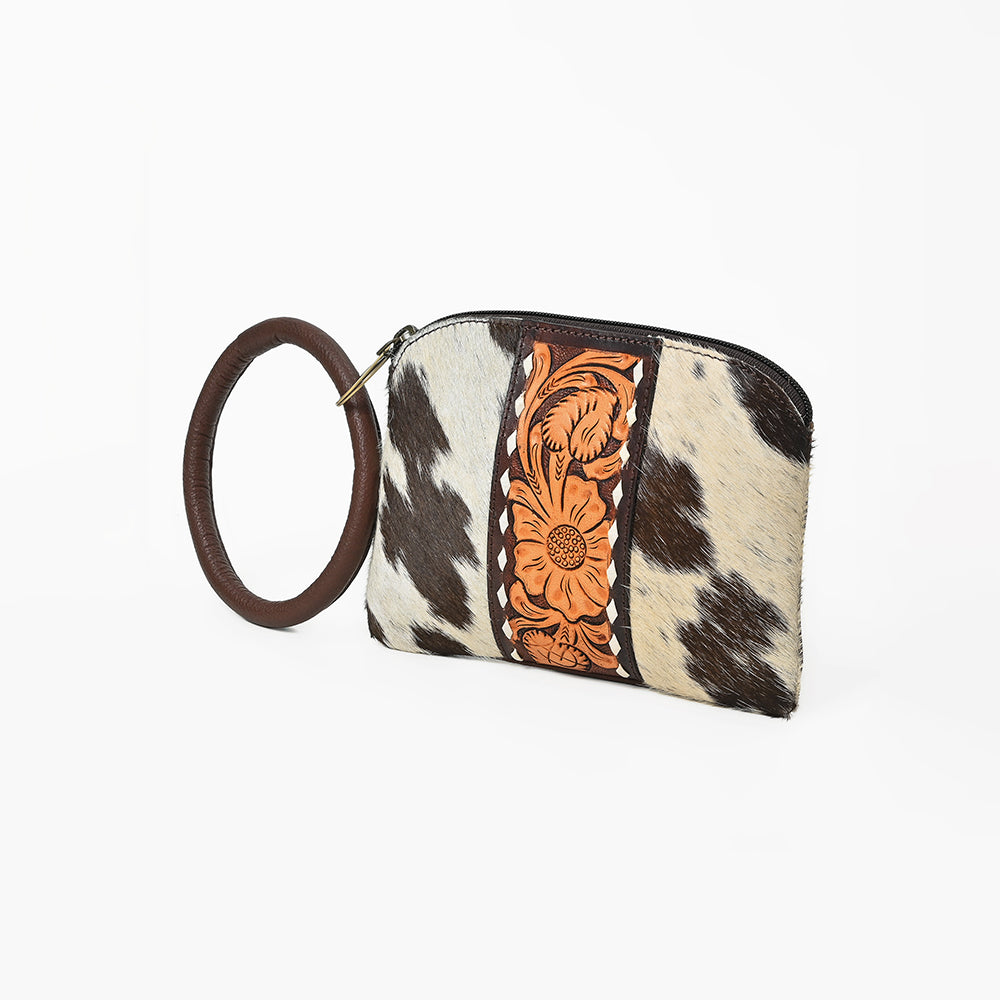American Darling Western Wristlet Pouch Handcrafted from Hair-on Cowhide & Hand-Tooled Leather | Floral Carved Panel & Oversized O-Ring Handle
