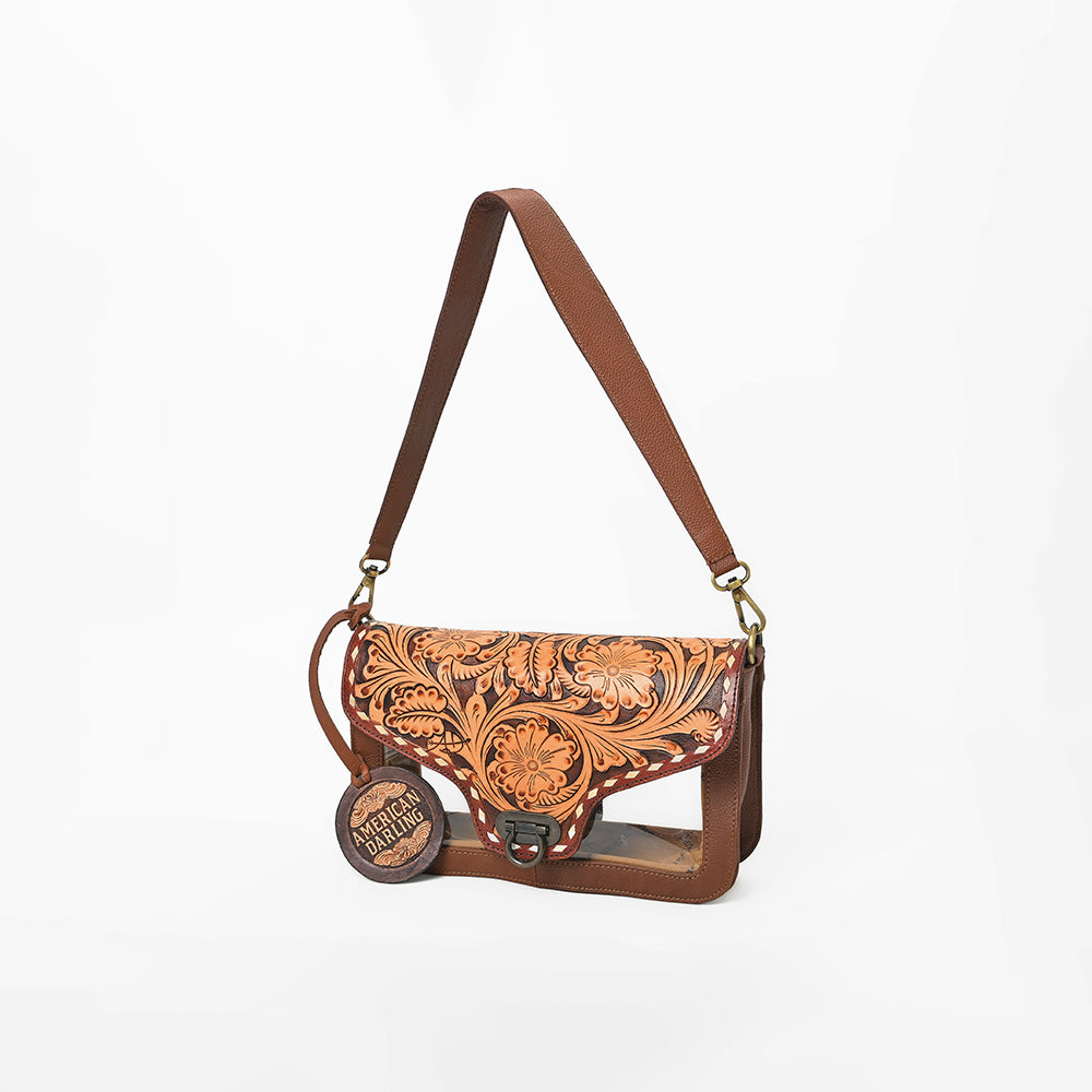 American Darling Hand-Tooled Western Leather Clear Bag – Genuine Floral Carved Crossbody, Vegetable-Tanned Full-Grain Leather