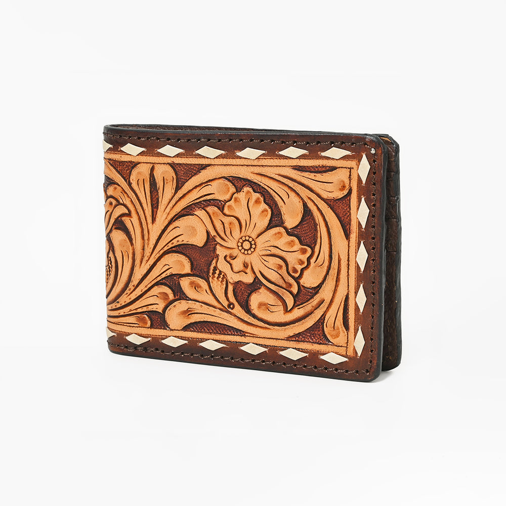 American Darling Hand-Tooled Leather Wallet Hand Bag with Floral Carving Buck Stitching Full-Grain Leather Compartments & Durable Construction