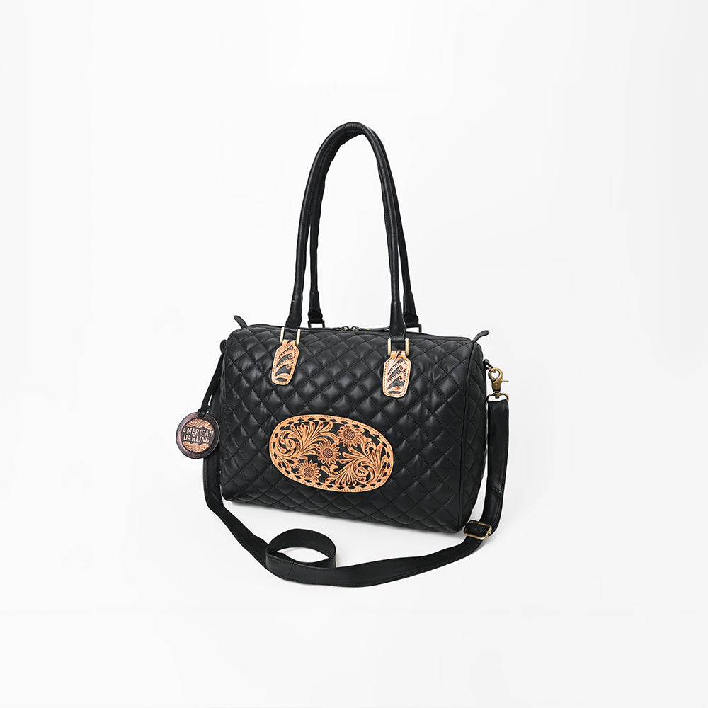 American Darling Western Speedy Bag Handcrafted Quilted & Hand-Tooled Genuine Leather | Floral Carved Accent, Buckstitch & YKK Zipper