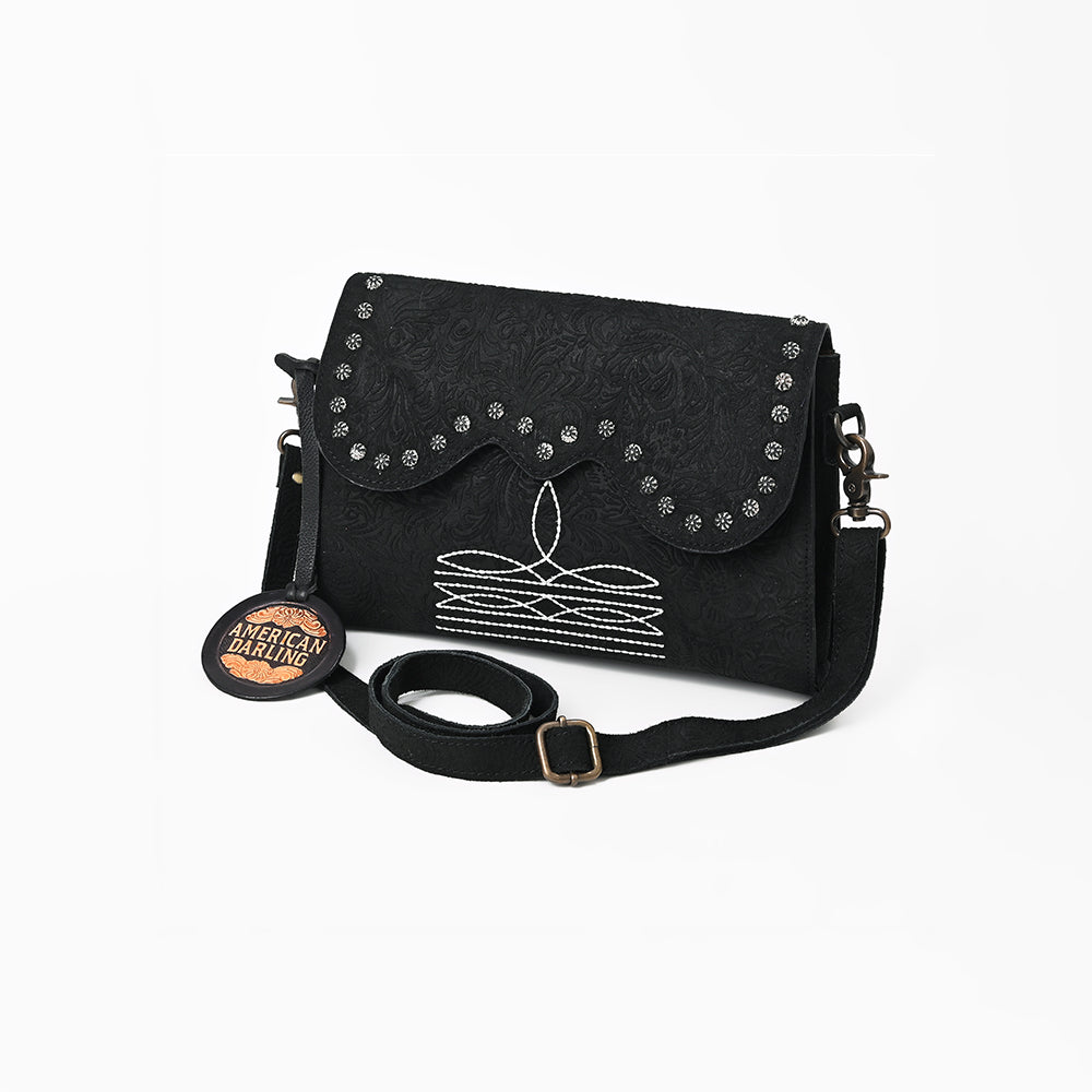 American Darling Small Cross body Bag, Rivets Embossed Damascus Genuine Leather Western Purse with Boot Stitching