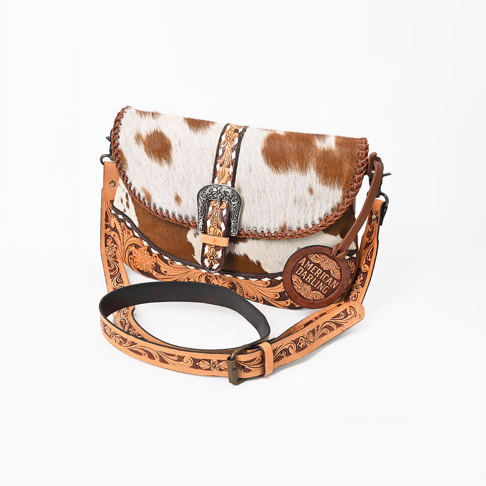 American Darling Small Cross Body Bag Hand Tooled Floral Carved Hair-On Cowhide Genuine Leather Western Purse