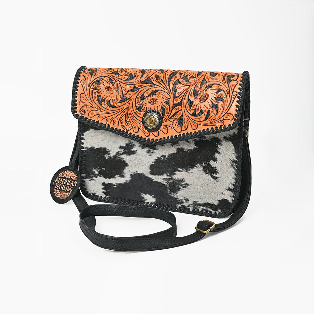American Darling Women's Genuine Leather Hair-On Cowhide Tooled Leather Flap Crossbody Shoulder Bag