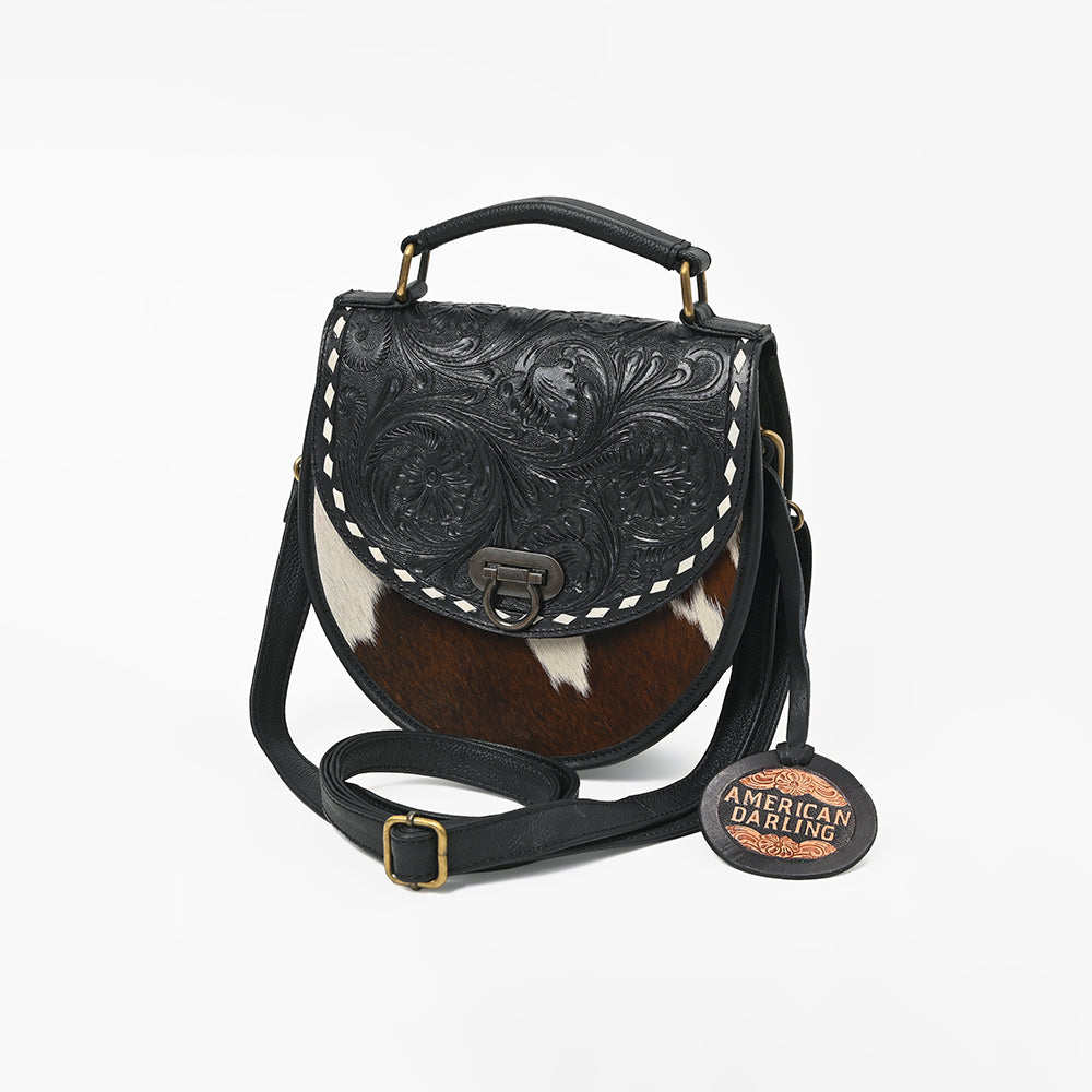 American Darling Women's Genuine Leather Hair-On Cowhide Tooled Leather Mini Crossbody