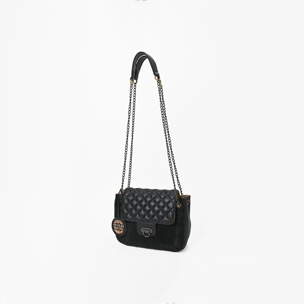 American Darling Women's Premium Black Quilted Leather Hair-On CowhideCrossbody Shoulder Handbag