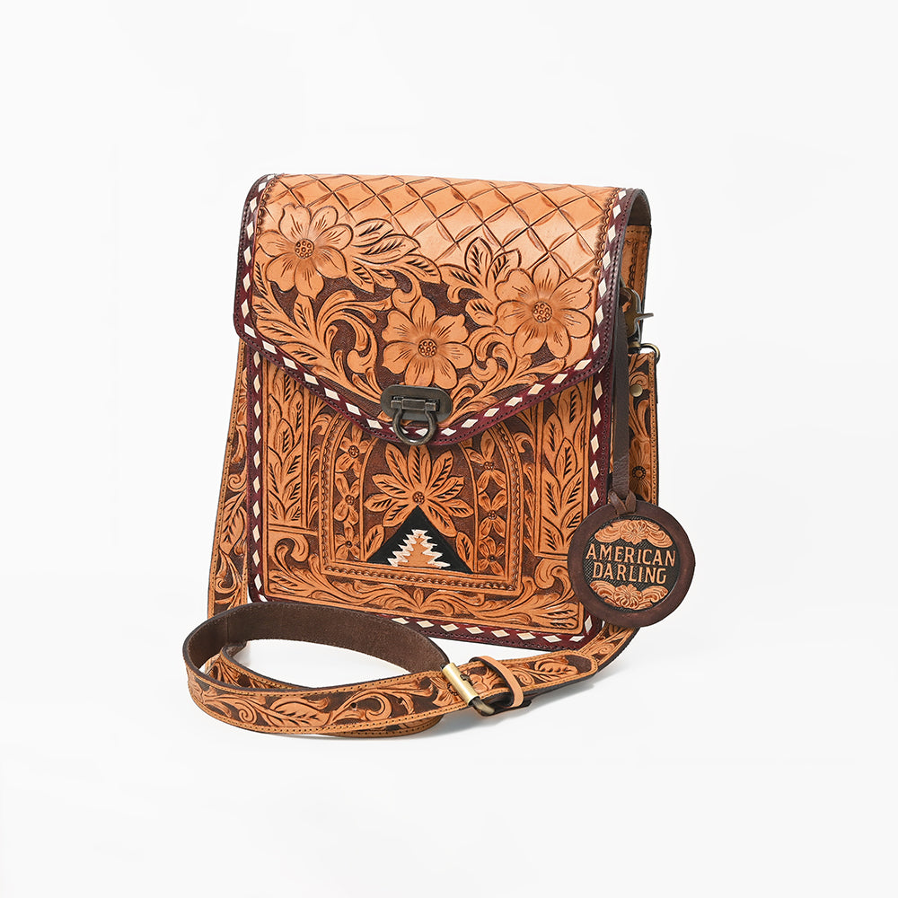 American Darling Western CrossBody Bag Genuine Leather Hand-Tooled Floral Design Purse