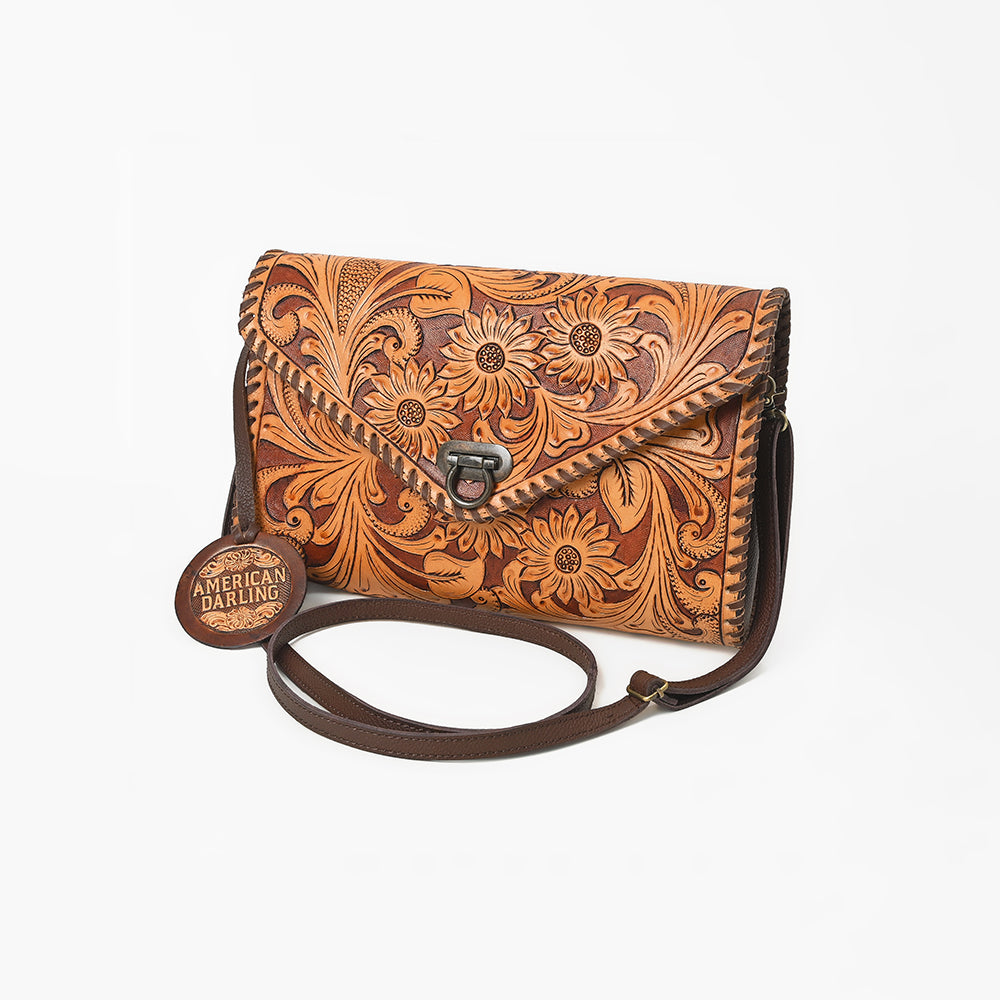 American Darling Envelope Bag Handcrafted from Hand Tooled Floral Carved Genuine Leather with YKK Zipper and Large Capacity