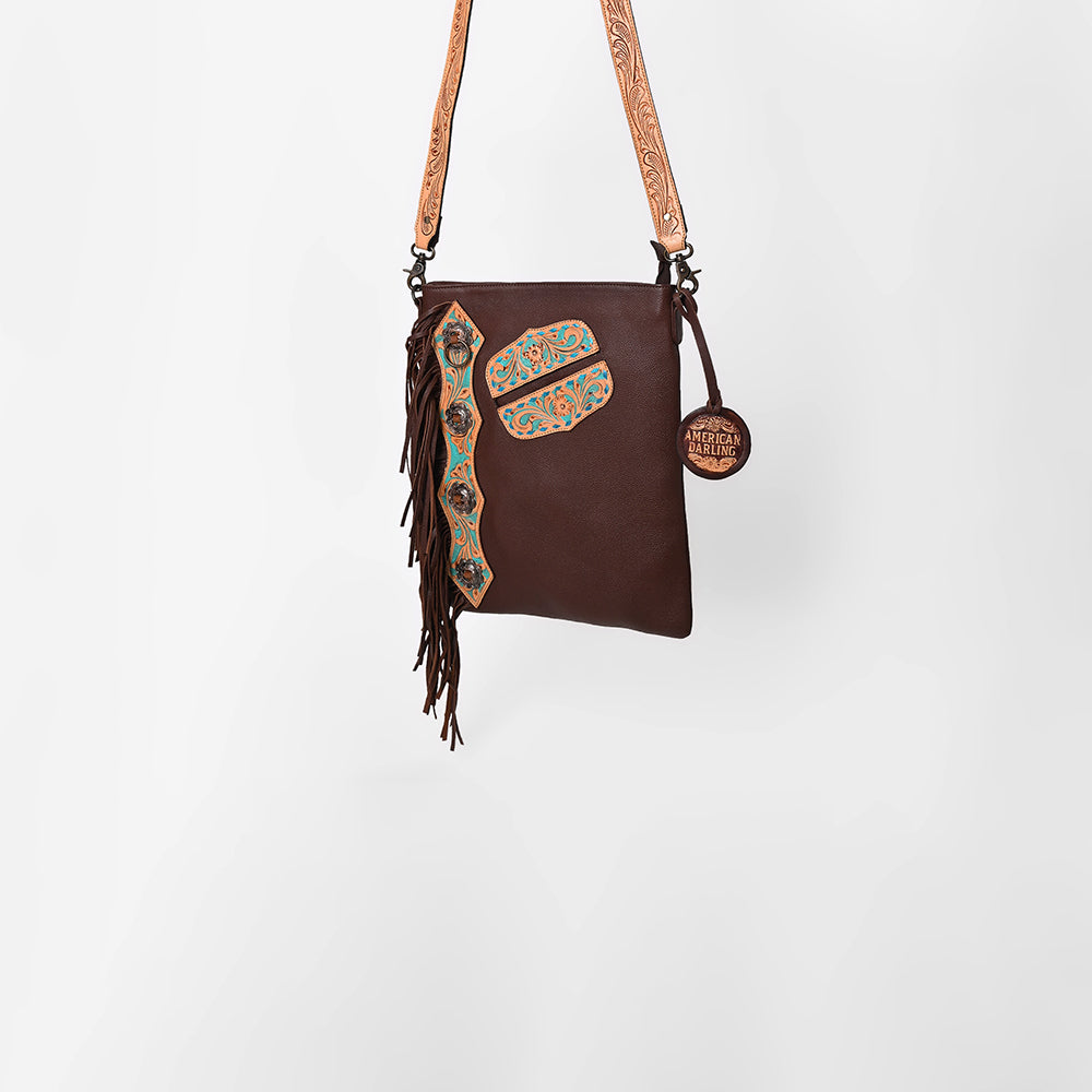 American Darling Chaps Bag Handcrafted from Hand Tooled Floral Leather with Buck stitched Detail, Conchos, and YKK Zipper