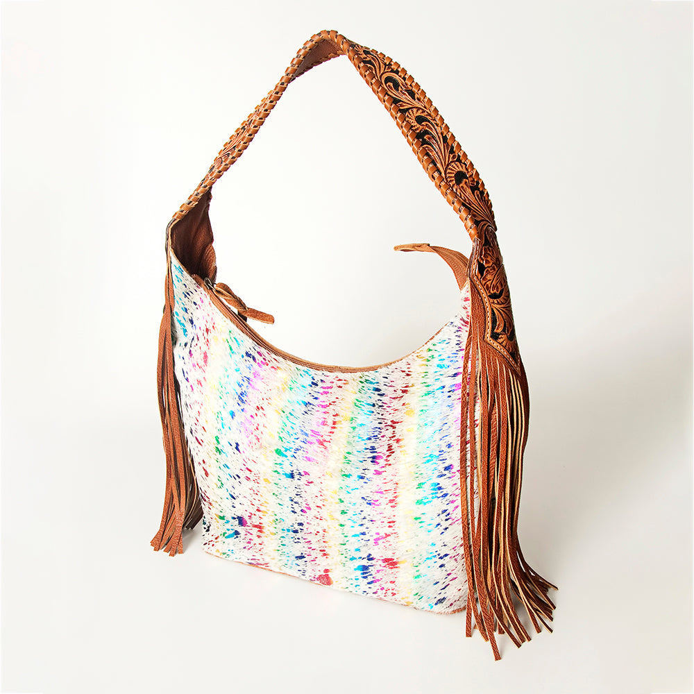 American Darling Hobo Bag for Women, Hand Tooled Floral Leather & Hair-On Cowhide Western Purse with Fringes & YKK Zipper