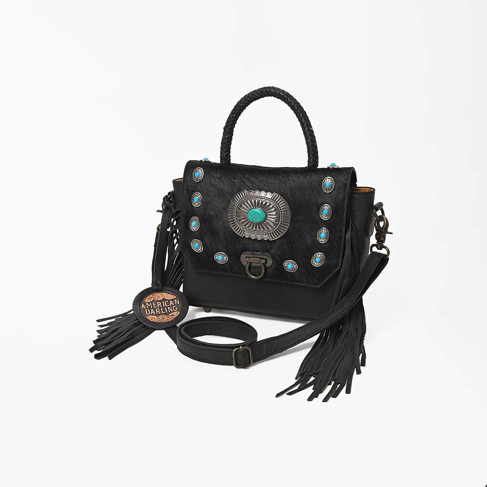 American Darling Western Messenger Bag, Hair-On Cowhide Full Grain Leather with Fringes and Concho, Handcrafted Boho Purse
