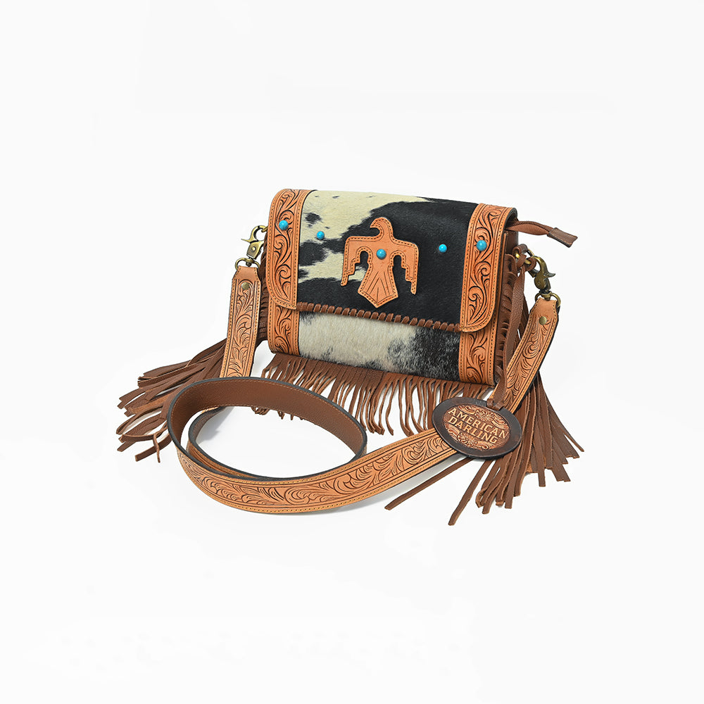 American Darling Western Hair-On Leather Crossbody Bag with Fringe & Hand-Tooled Strap