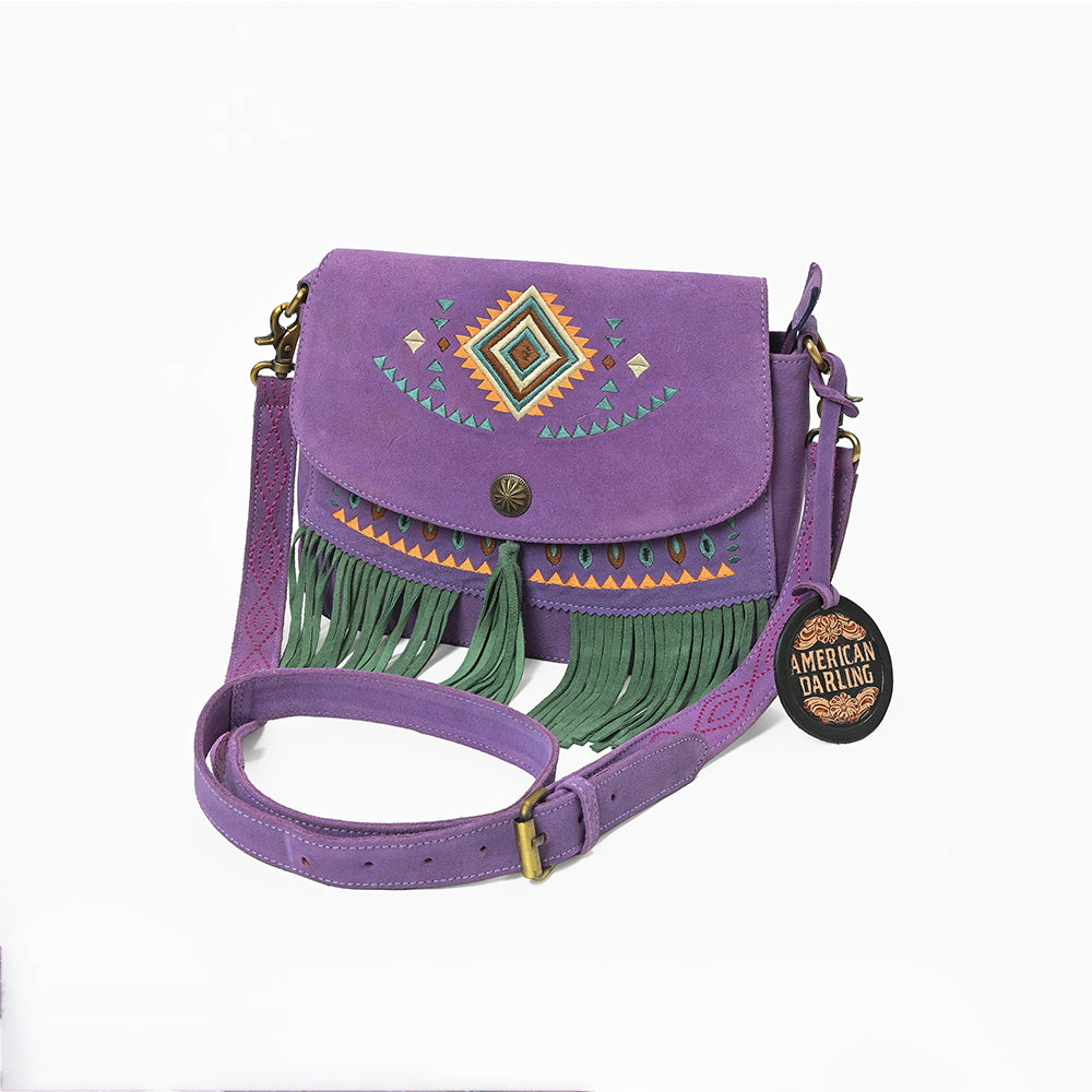 American Darling Boho Western Suede Crossbody Bag with Fringe & Geometric Embroidery