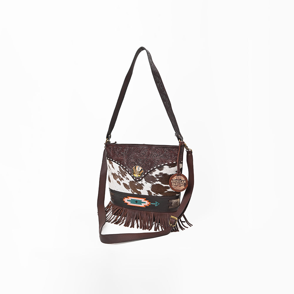 American Darling Women's Genuine Leather Hair-On Cowhide Fringe Crossbody