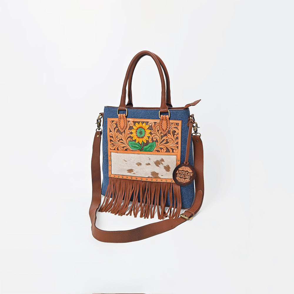 American Darling Women's Genuine Leather Sunflower Tooled Hair-On Cowhide Fringe Tote